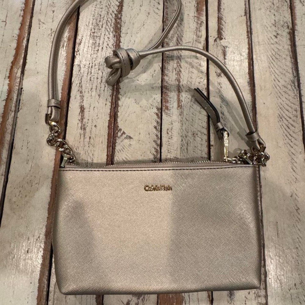 Calvin Klein Champagne Gold Saffiano Leather Crossbody Bag Gold Hardware